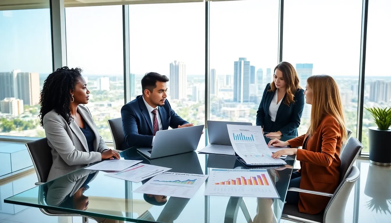 diverse team discussing property taxes in a modern office.