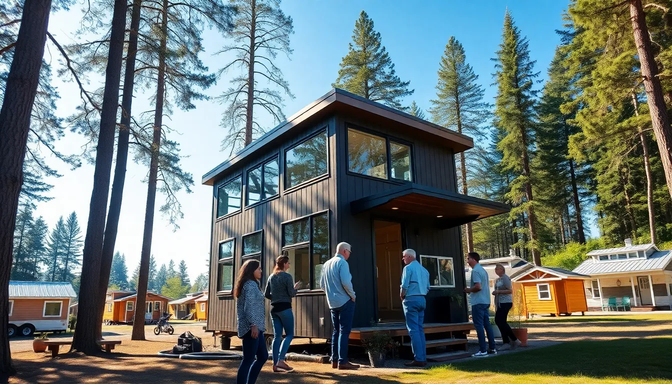 A tiny home in a natural setting with people exploring.